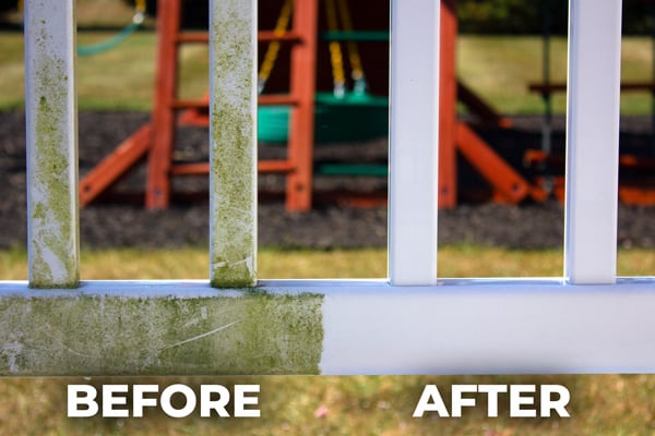 Before and after fence power washing. Left side shows vinyl fence covered in algae, right side is a perfectly clean vinyl fence.