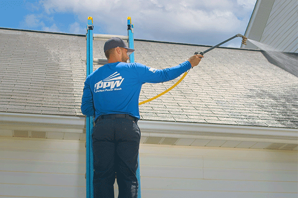 Hydro Savage Pressure Washing technician performing a roof treatment
