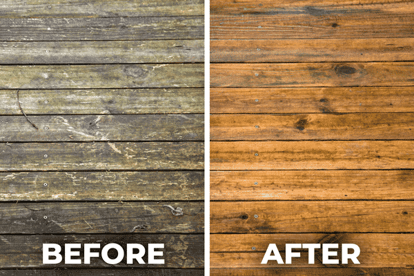 Before and after deck power washing service was completed by Hydro Savage Pressure Washing. Left side is a dark, dirty deck. Right side looks like newly-treated wood.